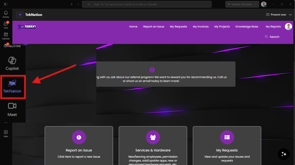 TekNation logo displayed on Microsoft Teams interface, highlighting access to the Client Portal features such as reporting issues, managing requests, and viewing invoices.