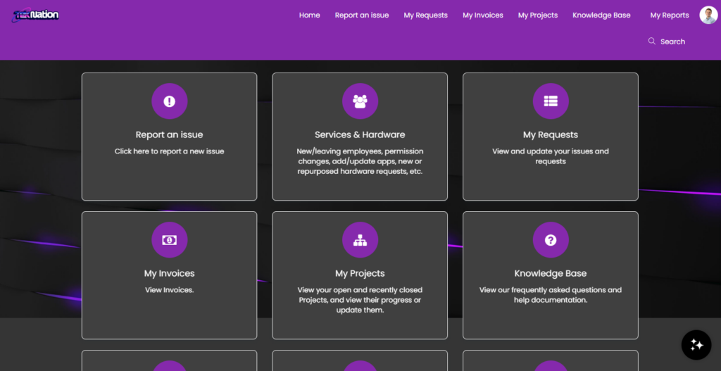 TekNation Client Portal interface displaying sections for reporting issues, services and hardware, requests, invoices, projects, and knowledge base, with a purple and black color scheme.