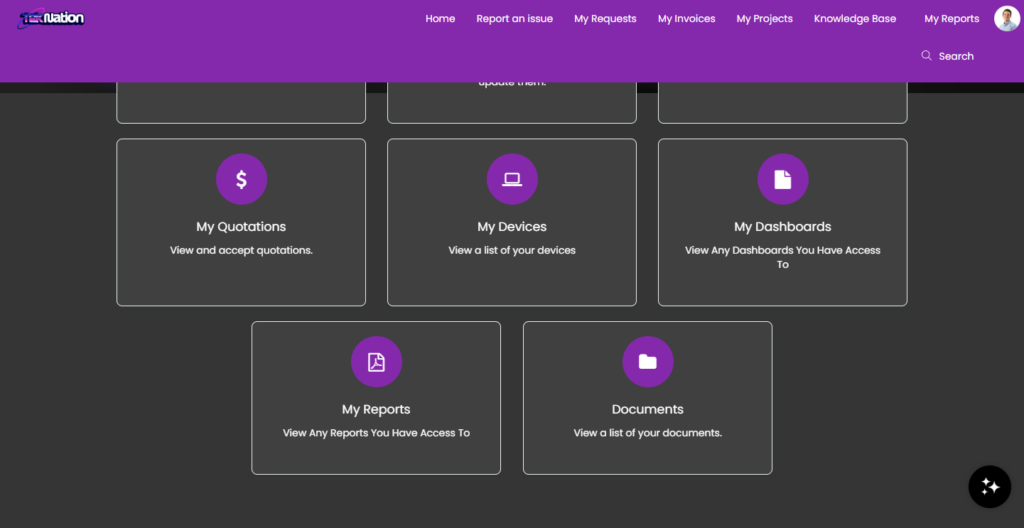 Client Portal interface showcasing features like My Quotations, My Devices, My Reports, My Dashboards, and Documents, designed for TekNation IT management services.