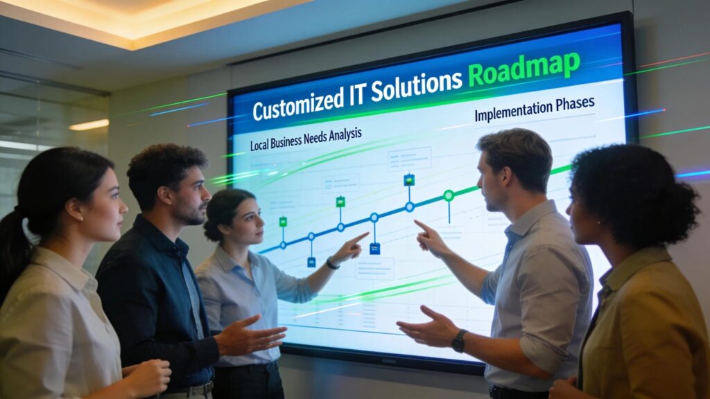 IT professionals collaborating on technology roadmap in a modern office