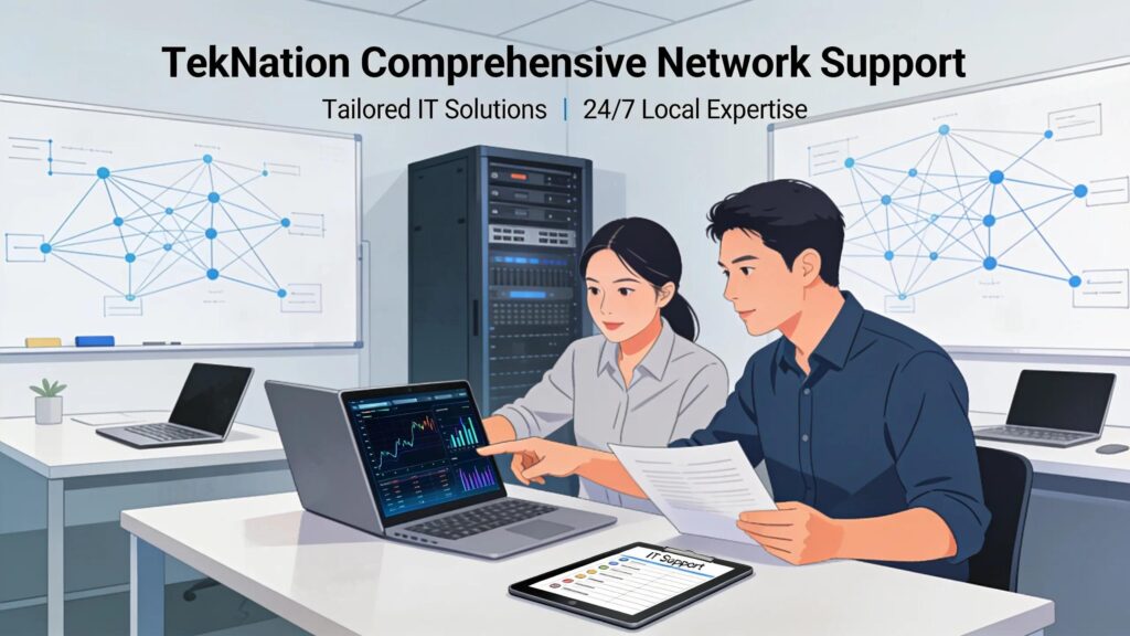 Comprehensive network support representation with consultation documents and technicians, showcasing tailored IT solutions.