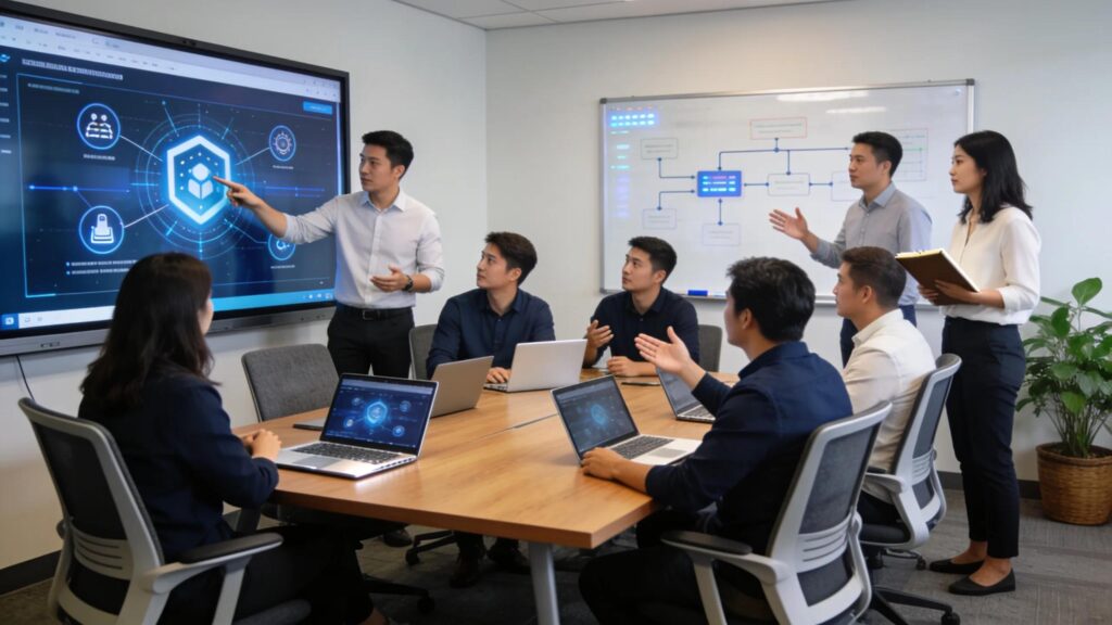 IT consulting team presenting cloud migration strategy and cybersecurity solutions.