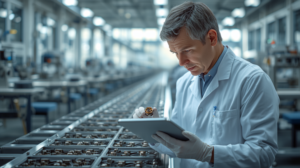 Quality inspector examining a manufactured part on a bright factory floor