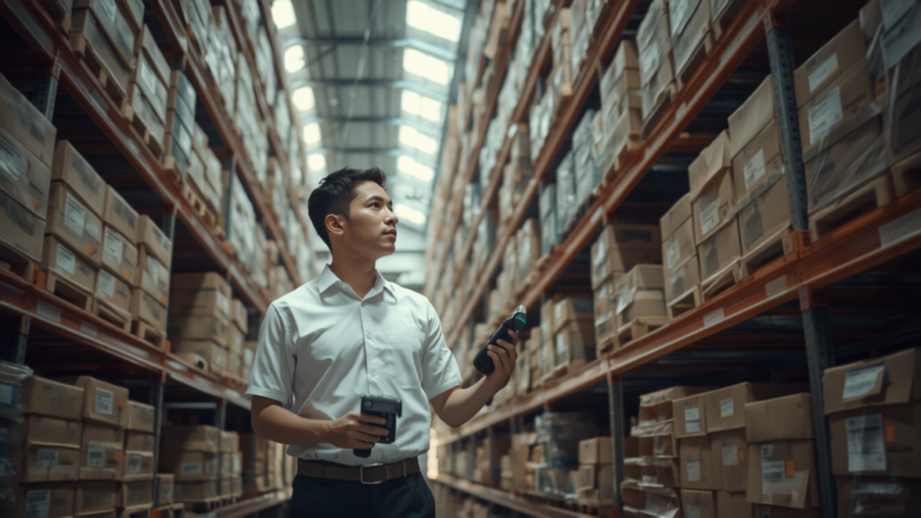 Warehouse worker scanning inventory on shelving during a cycle count