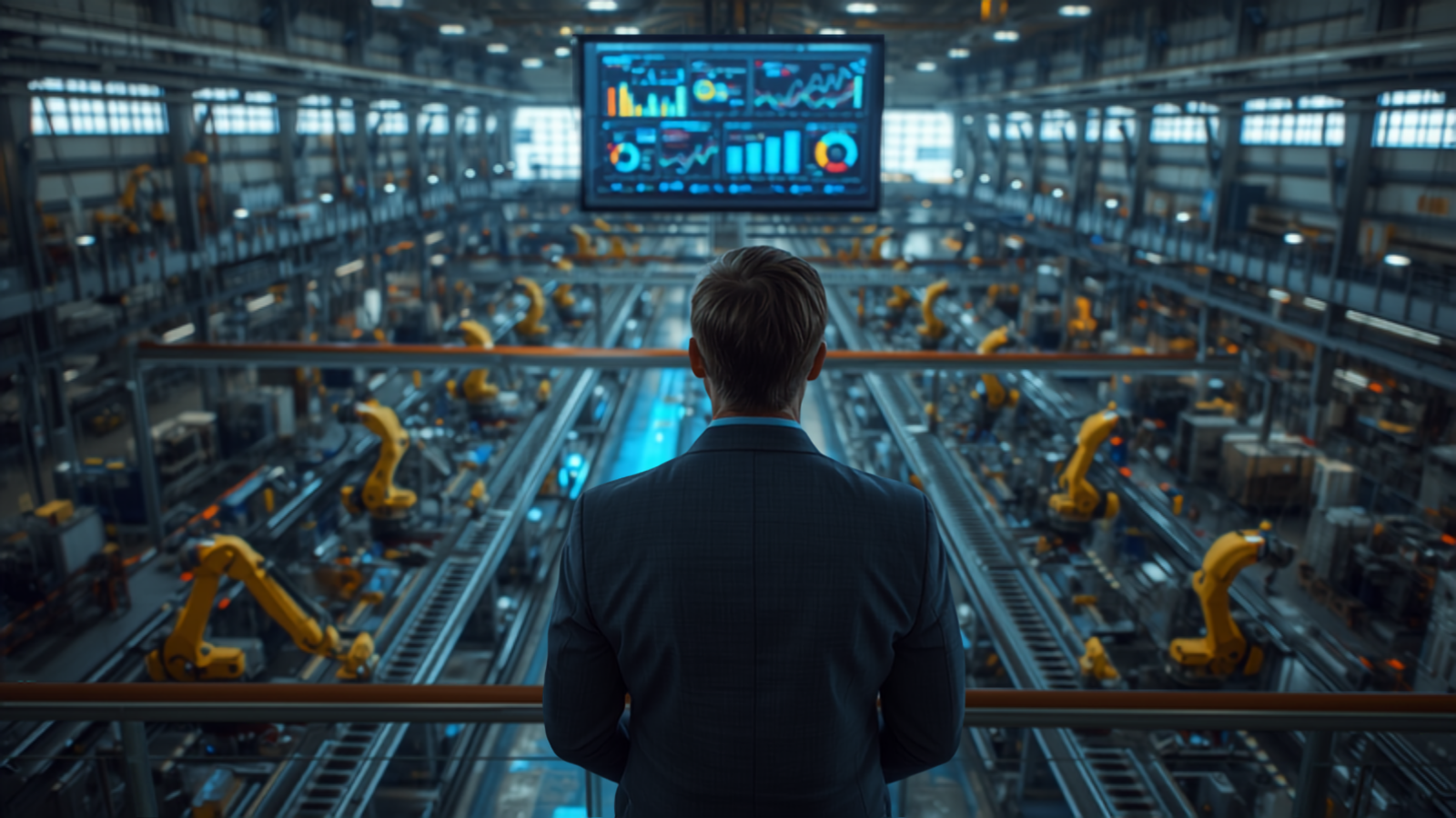Operations manager overlooking multiple production lines with a real-time status dashboard