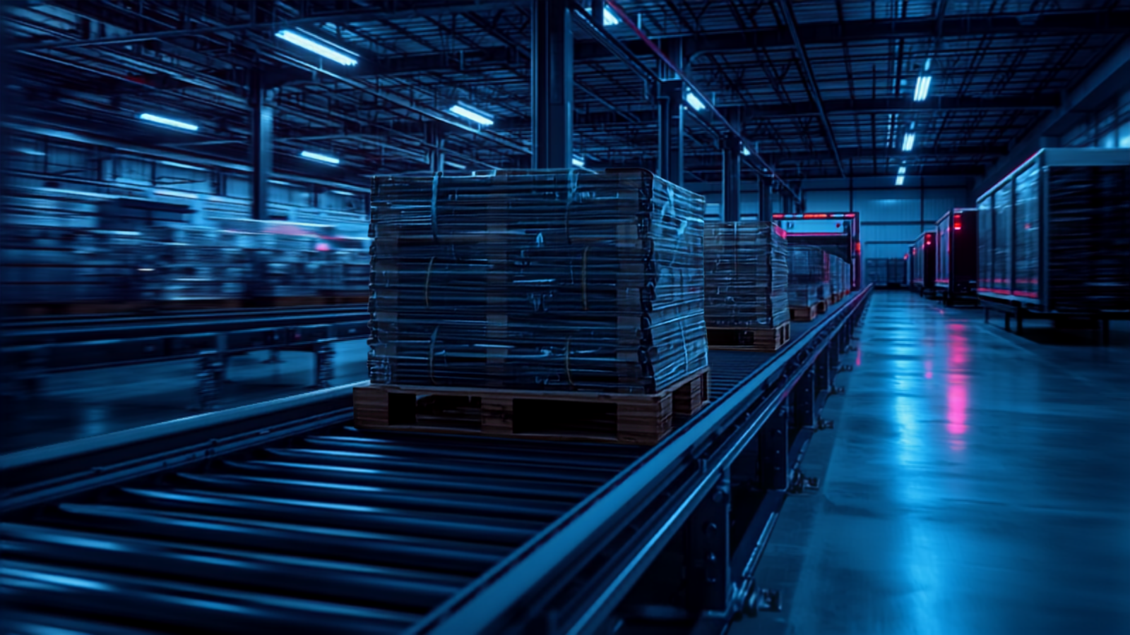 Modern manufacturing production floor and distribution center with conveyors and stacked pallets conveying hourly production pace