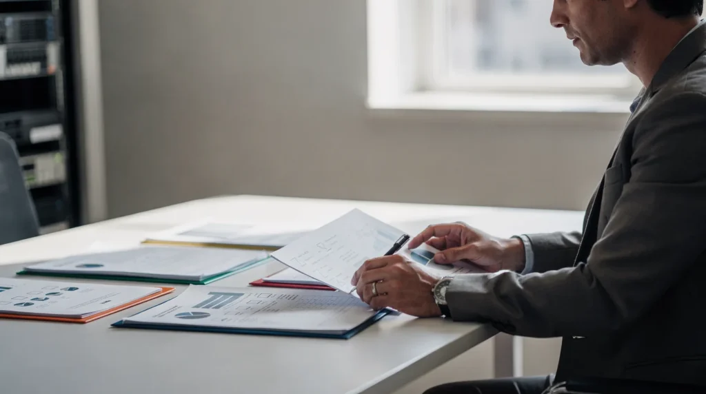 Business professional reviewing IT documentation and charts for managed IT services in Douglasville, GA.