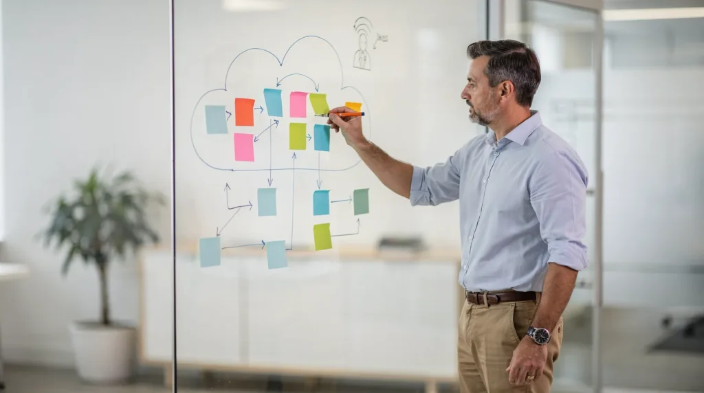 Man illustrating cloud solutions diagram with sticky notes, representing Microsoft 365 and Azure infrastructure.