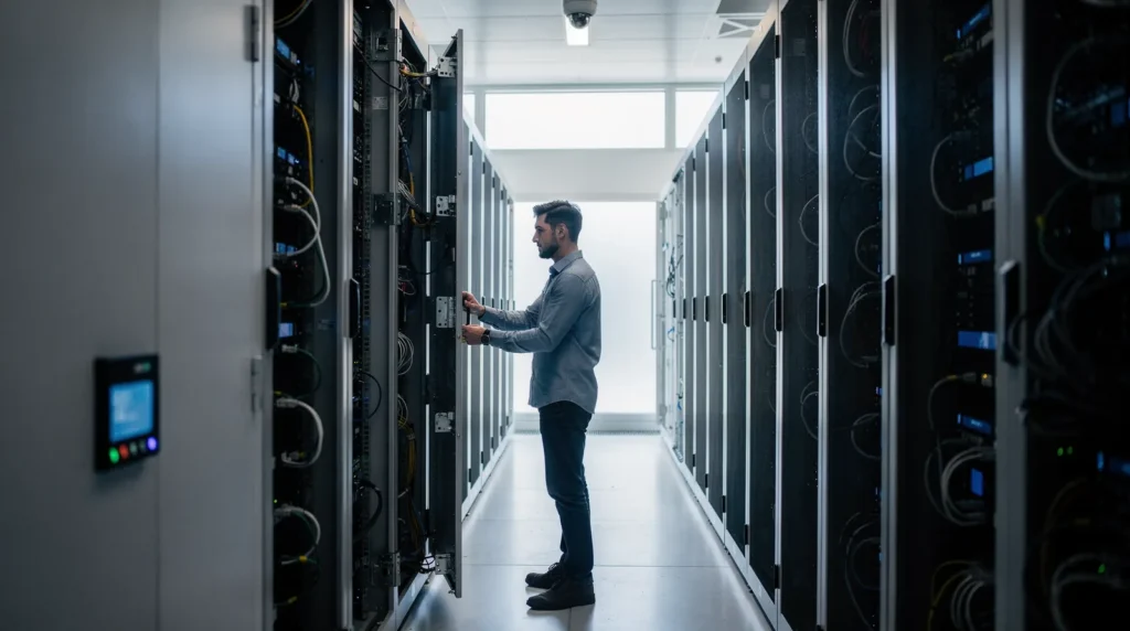 IT technician inspecting server racks illustrating cloud migration and outdated server replacement.