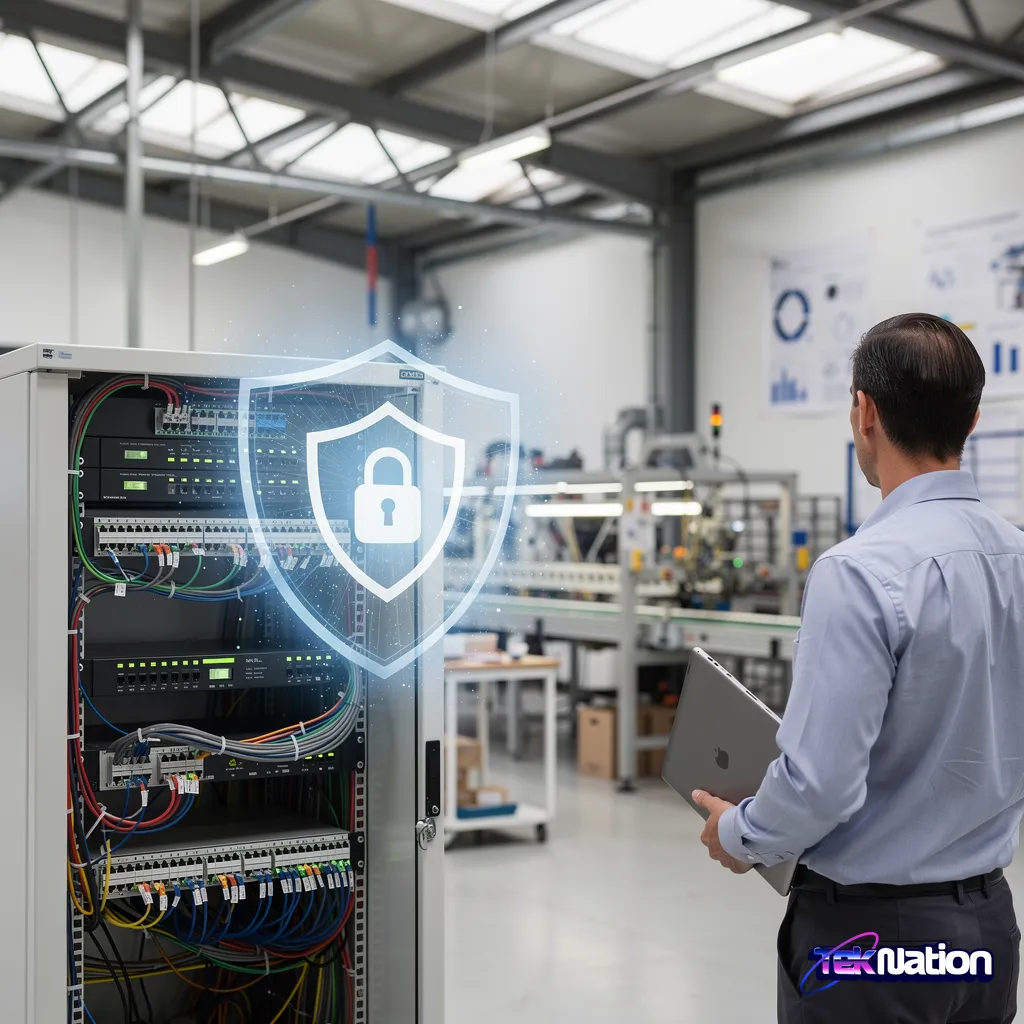 Server rack with padlock overlay representing cybersecurity and HIPAA/PCI DSS compliance controls.
