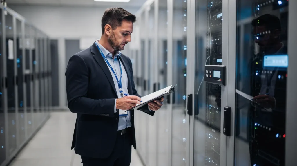 IT professional reviewing server racks for managed security services in Douglasville, GA.