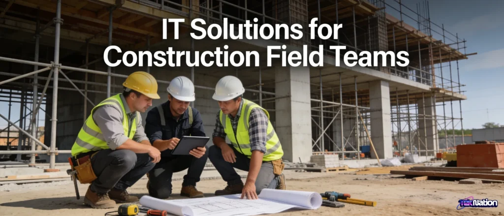 Construction field team reviewing blueprints and tablet, IT solutions for construction sites.