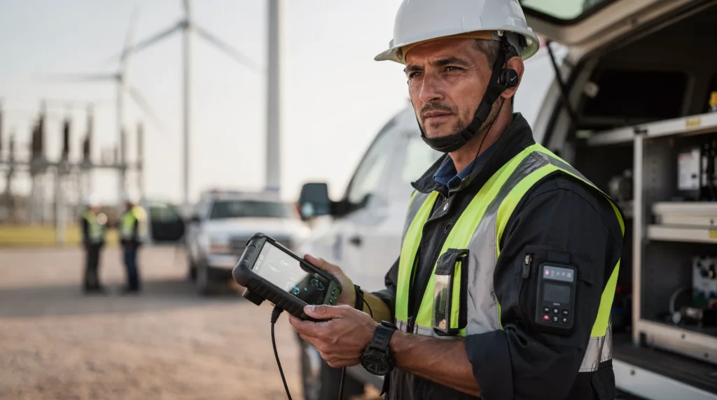 Construction field worker using tablet device and communication headset, ensuring job site connectivity and data