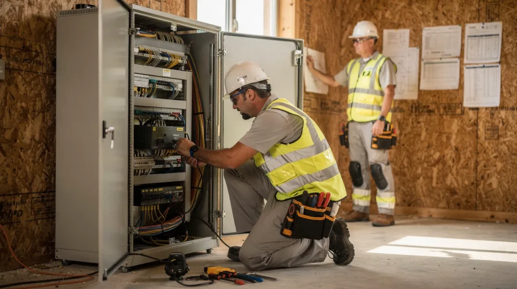 Construction worker maintaining network equipment and cabling at job site, ensuring reliable IT connectivity for