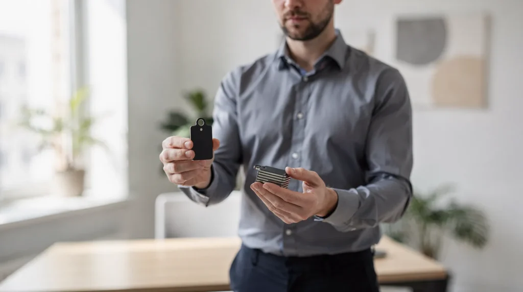 Man holding devices illustrating per-user and per-device managed IT pricing models for businesses.
