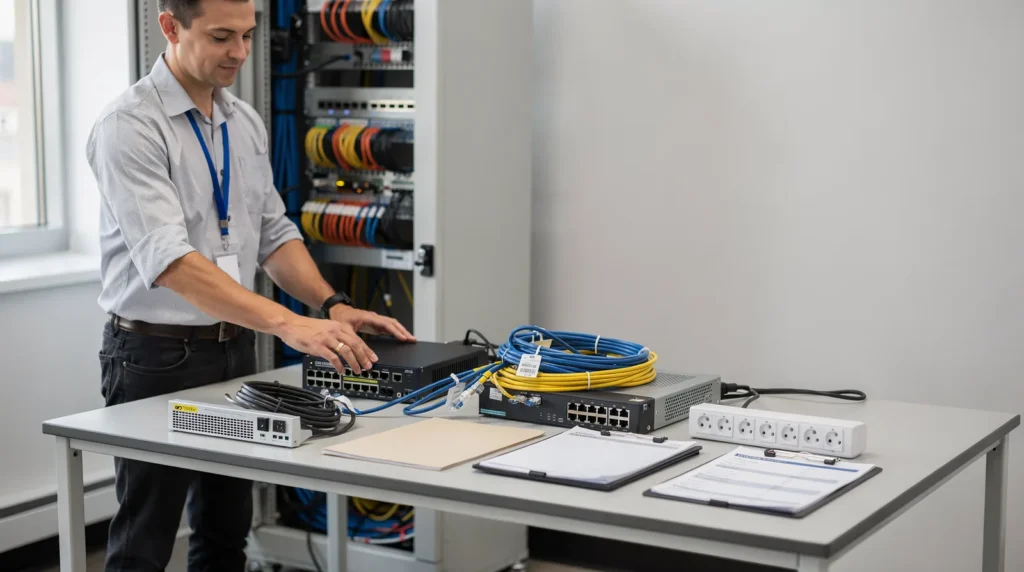 TekNation IT technician working on network equipment and cabling in Douglasville, GA, supporting managed IT