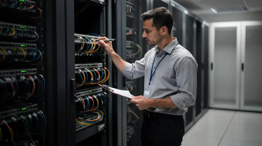 IT technician inspecting server rack, supporting TekNation’s 24/7 IT monitoring and proactive management services in
