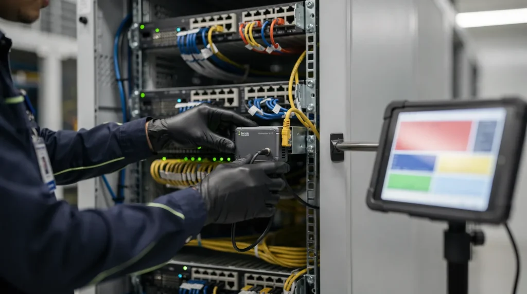 TekNation technician monitoring server rack with RMM tool for 24/7 IT management in Douglasville, GA.