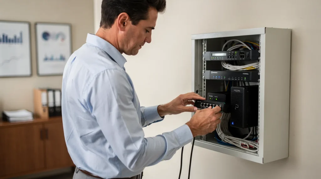 TekNation IT technician servicing network equipment for financial advisors in Douglasville, GA.