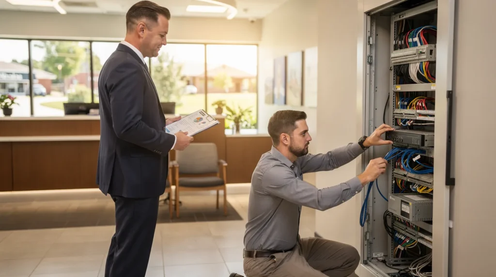 IT technician servicing server rack for financial advisor compliance and cybersecurity in Douglasville, GA.