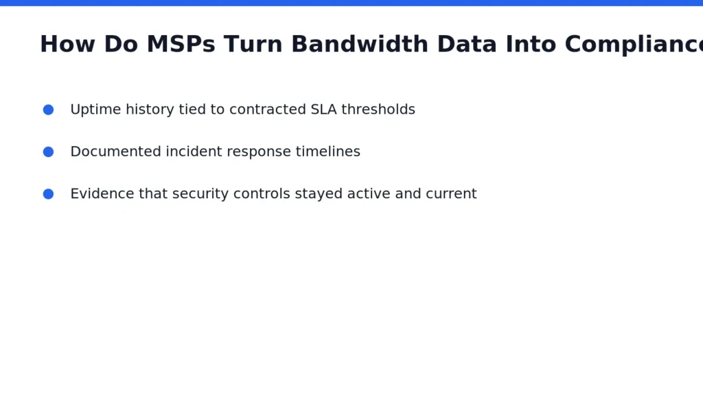 Managed service providers convert raw traffic and uptime logs into audit-ready evidence. Continuous network health